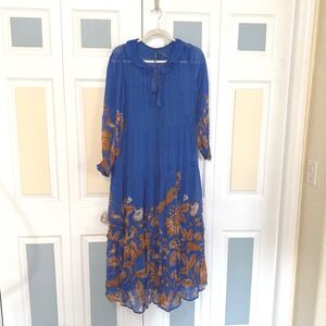 Anthropologie The Marais Printed Chiffon Maxi Dress Blue Ruffle Collar Tassel XS